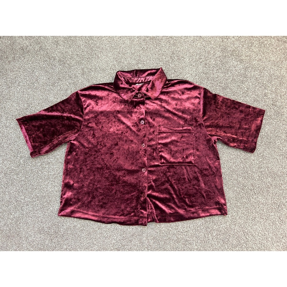 Vintage Crushed Velvet Button Down Shirt Womens Medium Burgundy Excellent Boxy